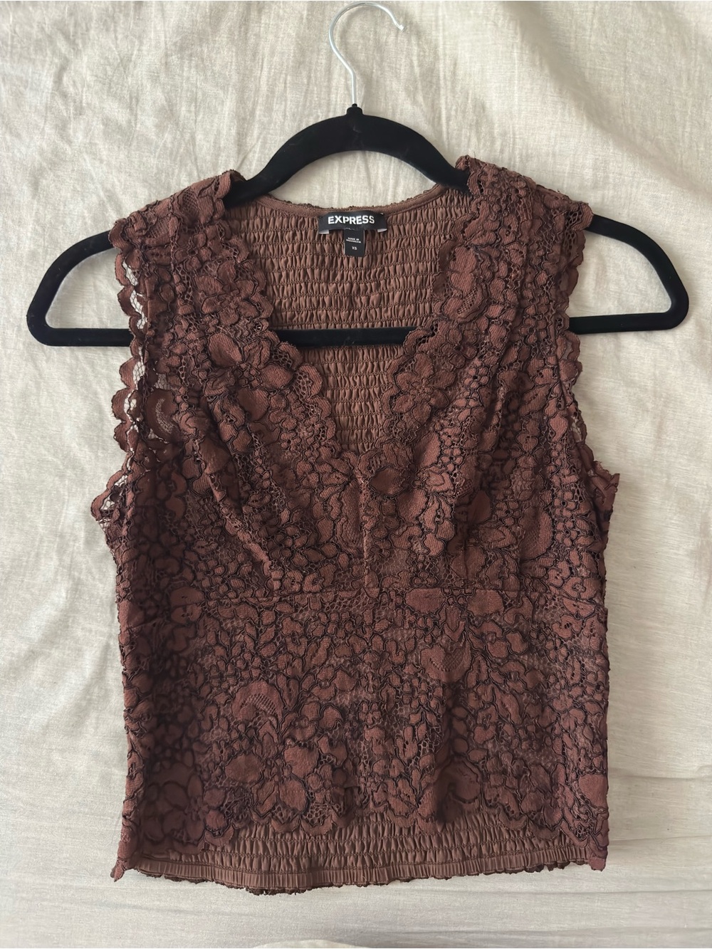 Express Brown Lace V-Neck Smocked Blouse Top NWOT XS